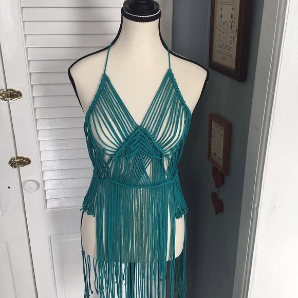 Handmade Teal Fringe Halter Beach Macrame Dress - Picture 8 of 9